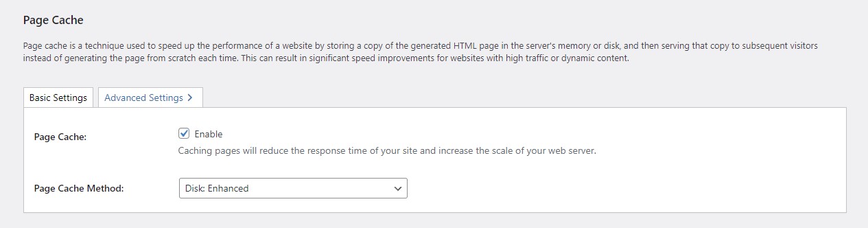 General settings - Page Cache
